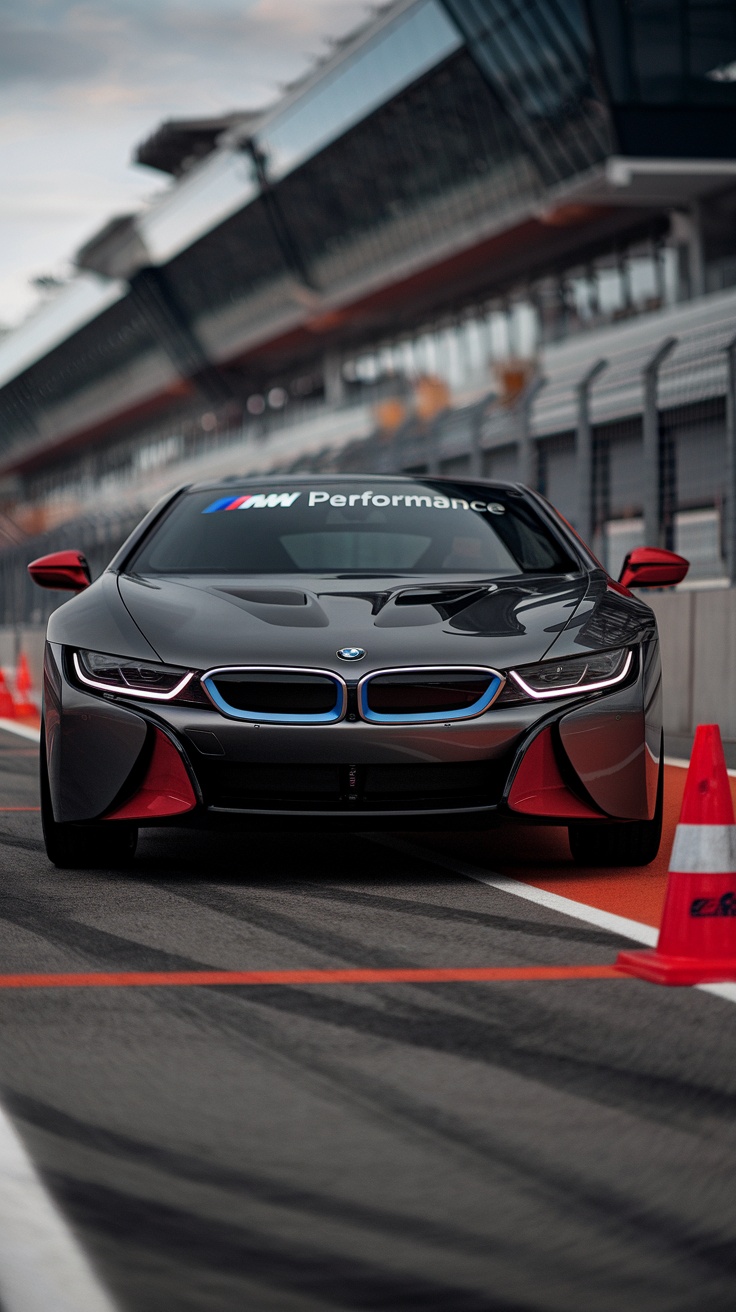 A BMW i8 parked on a racetrack with BMW Performance branding.
