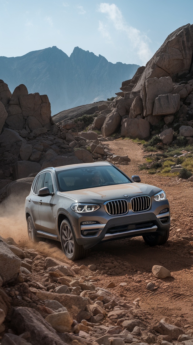A BMW X3 navigating rocky terrain in a mountainous landscape