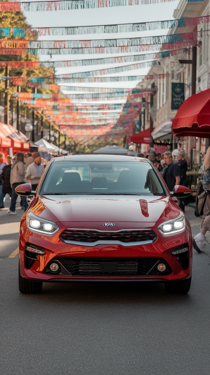 A red Kia Forte parked on a street with festive decorations in the background.
