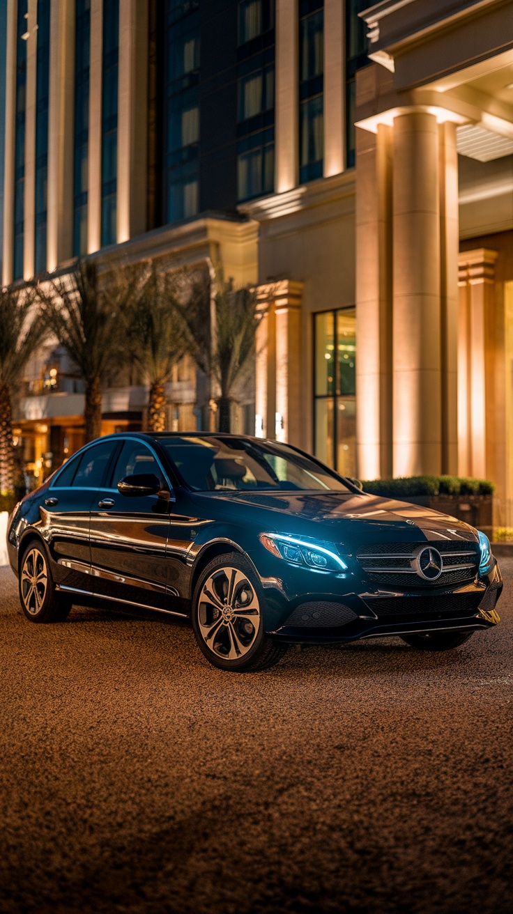 Mercedes-Benz C-Class parked at night with city lights in the background.