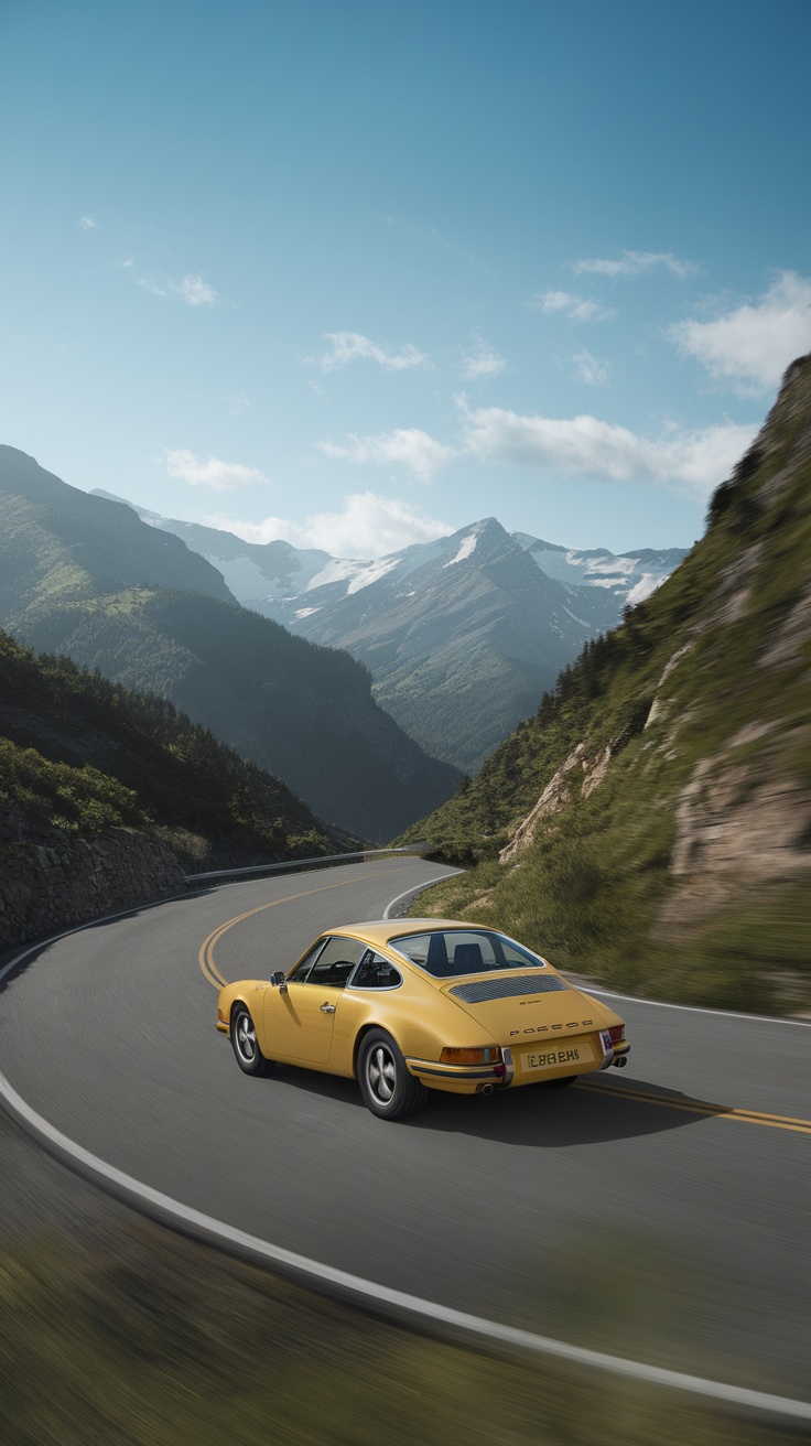 A yellow Porsche 911 driving on a winding mountain road with lush greenery and blue sky.