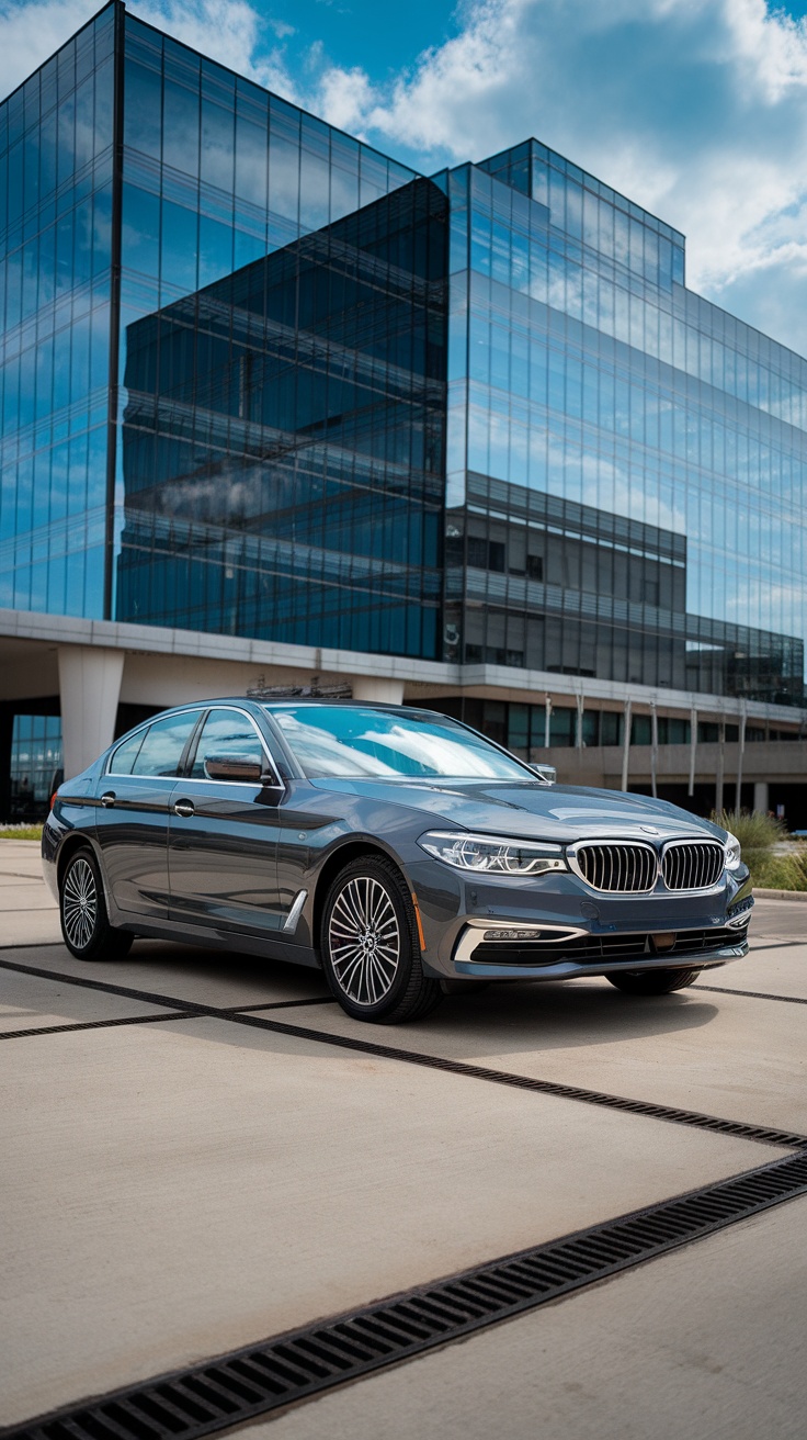 BMW 5 Series parked in front of a modern building