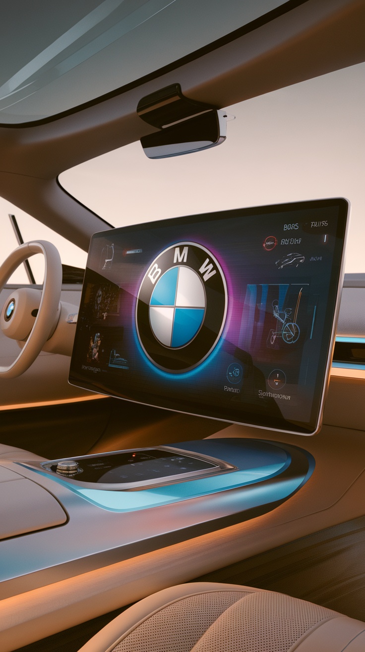 Interior of a BMW showcasing the BMW logo on a digital display