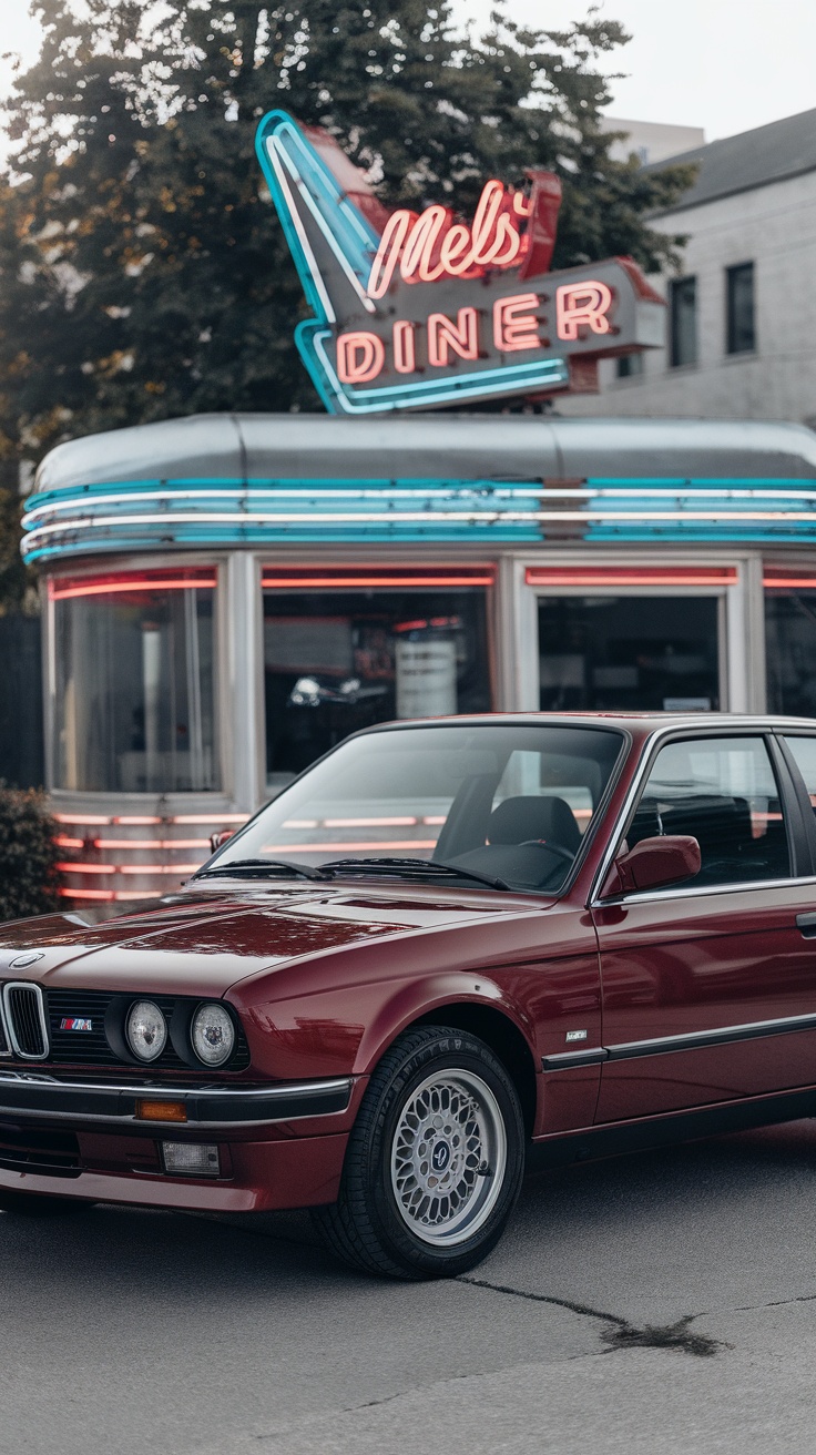 A red BMW E30 323I parked in front of a diner.