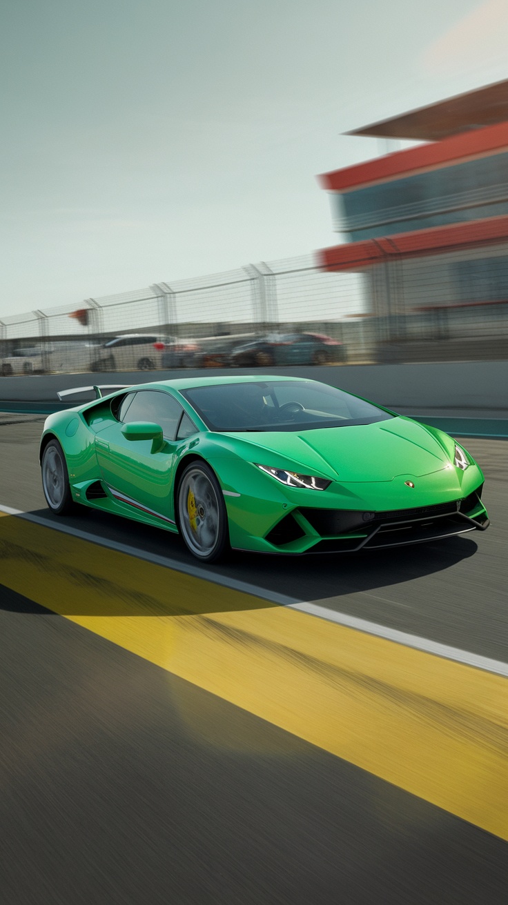 A vibrant green Lamborghini Huracán racing on a track.