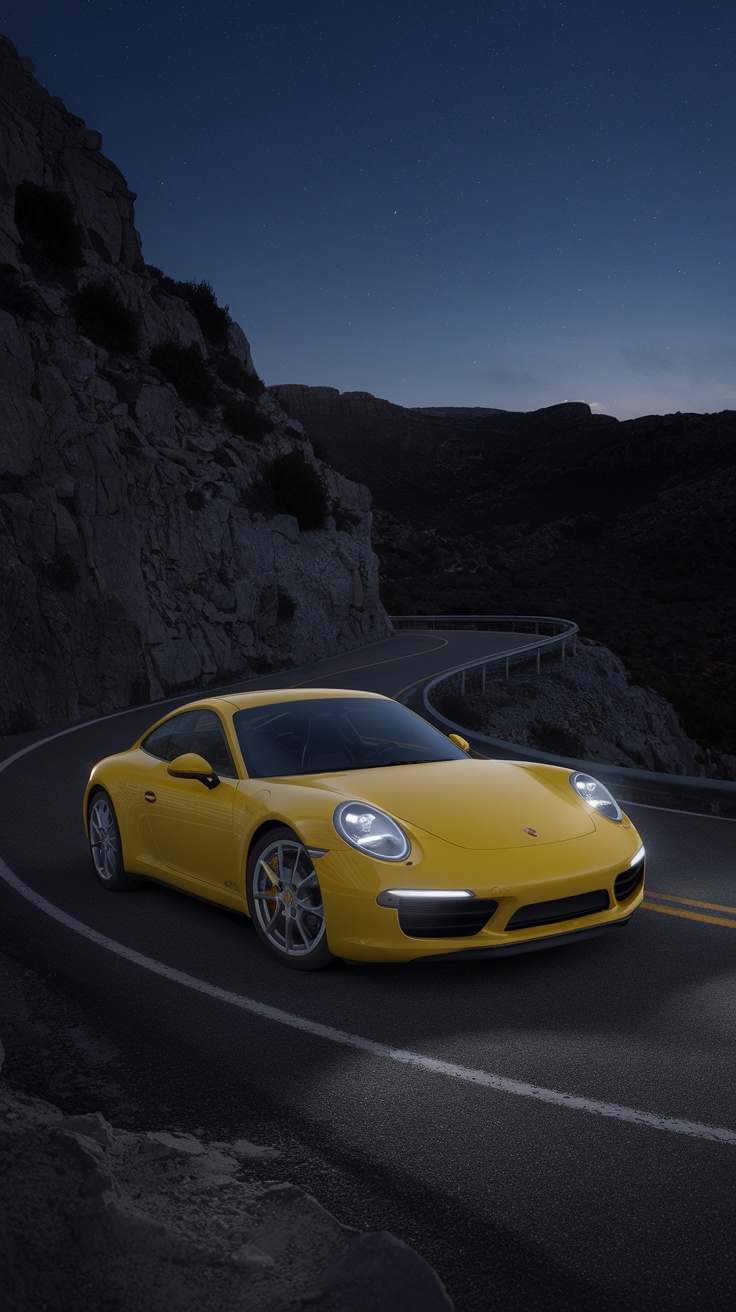 Yellow Porsche 911 parked on a winding road at night.
