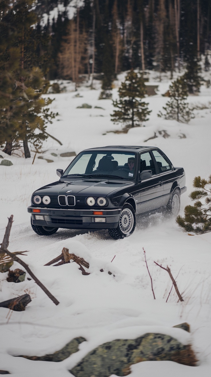BMW E30 325Ix driving through snow