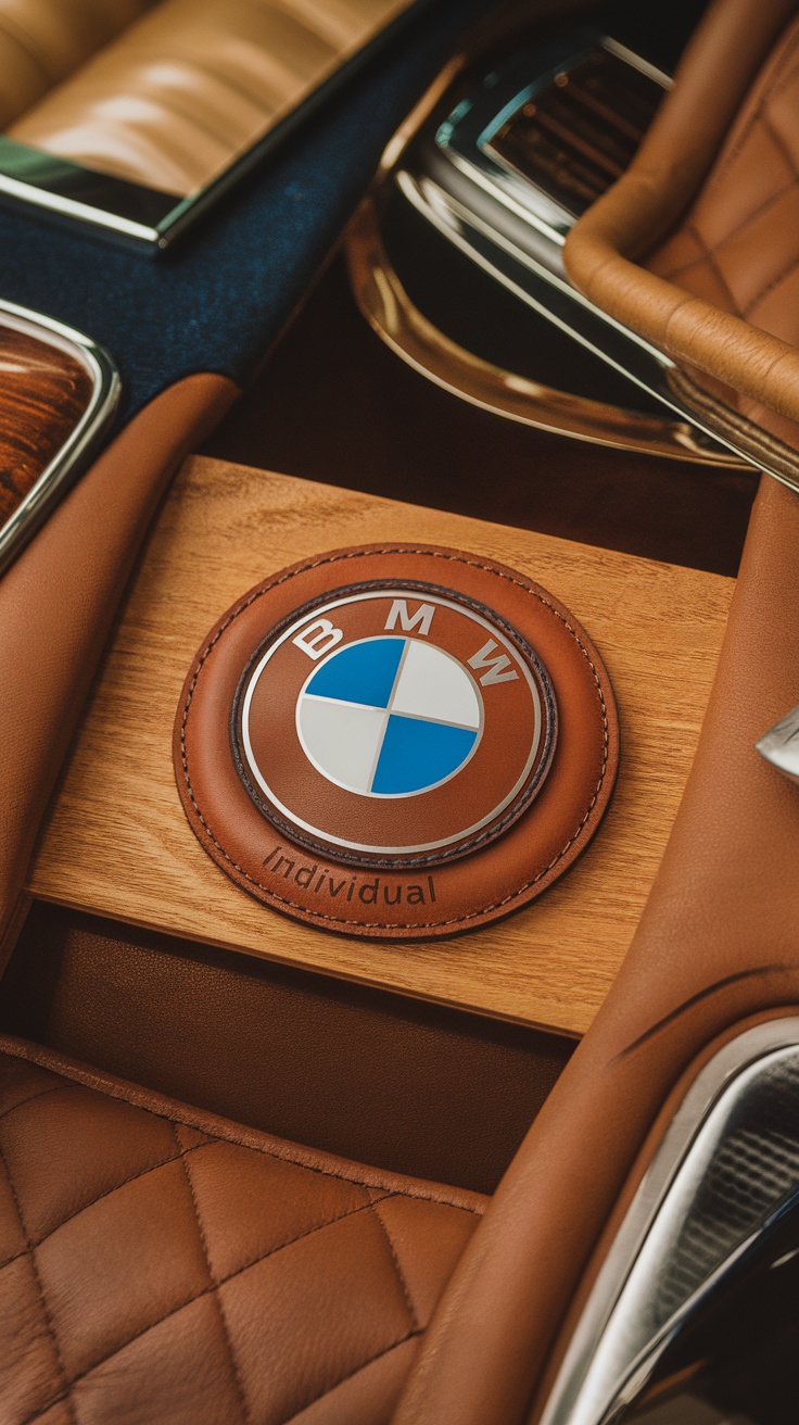 Close-up of BMW logo on a luxurious leather and wood interior