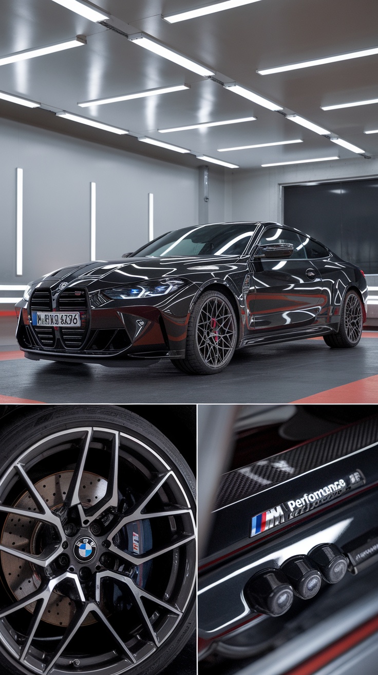A BMW M4 G82 featuring M Performance parts, showcasing its sleek design, unique wheels, and interior details.