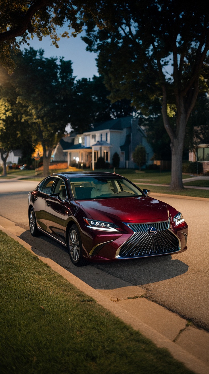 A Lexus ES parked on a quiet street at night, surrounded by trees and houses, illuminated by soft street lights.