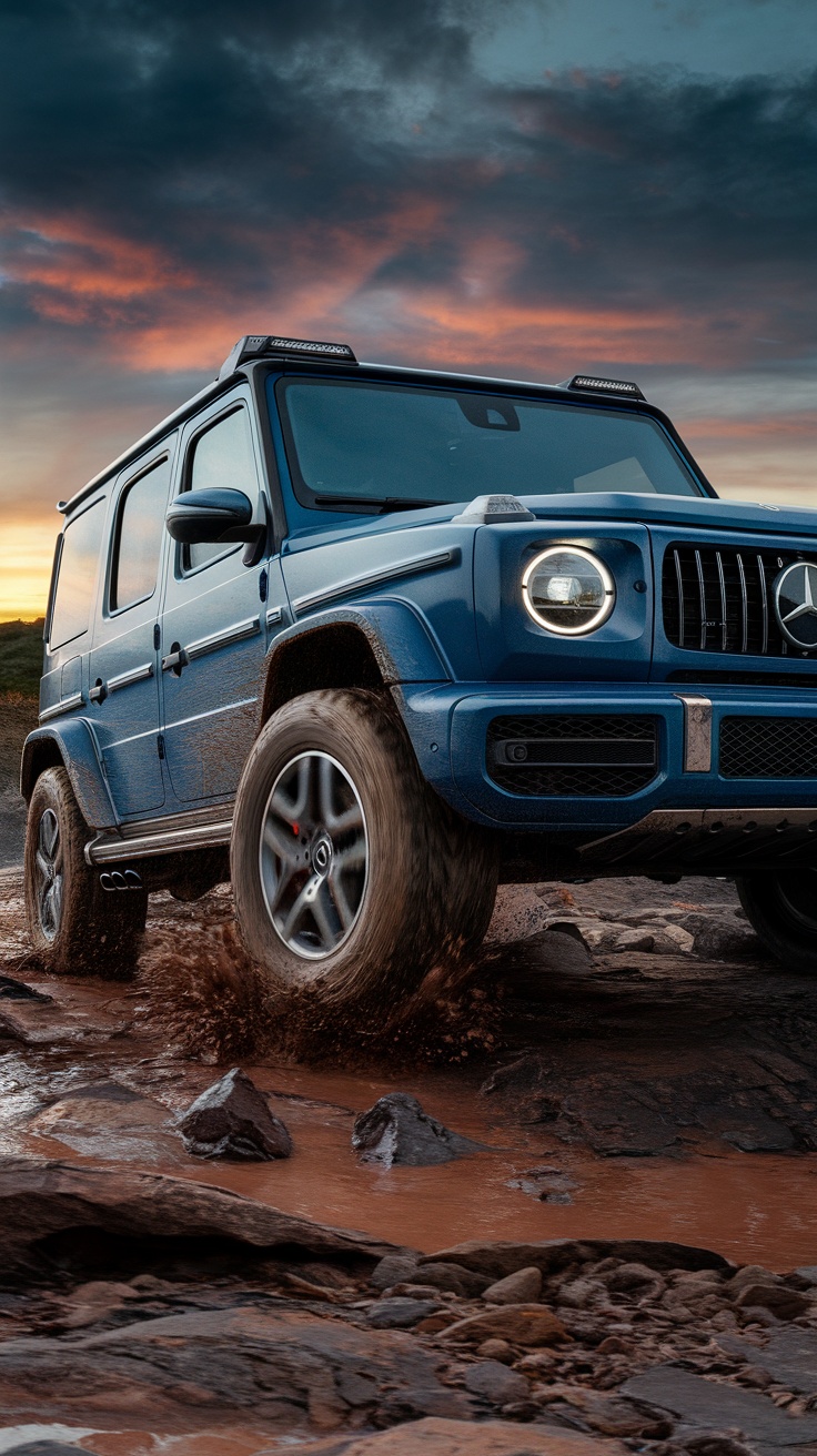 Mercedes-Benz G-Class driving through muddy terrain with a sunset backdrop