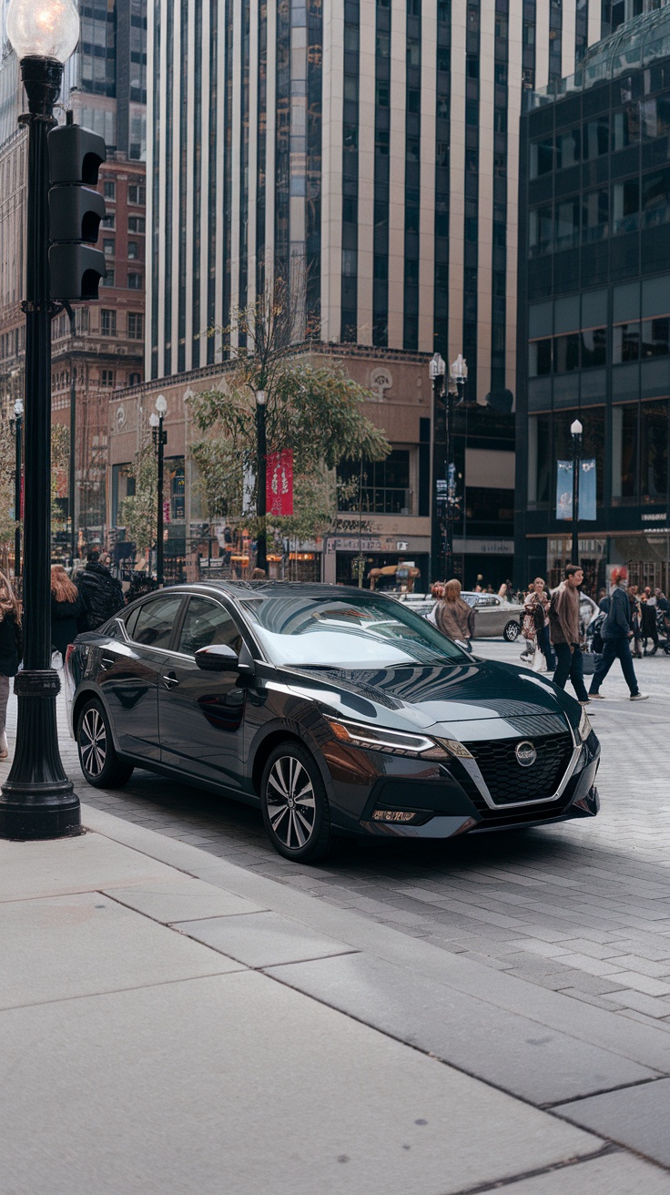 Nissan Sentra parked in a city setting with tall buildings in the background.