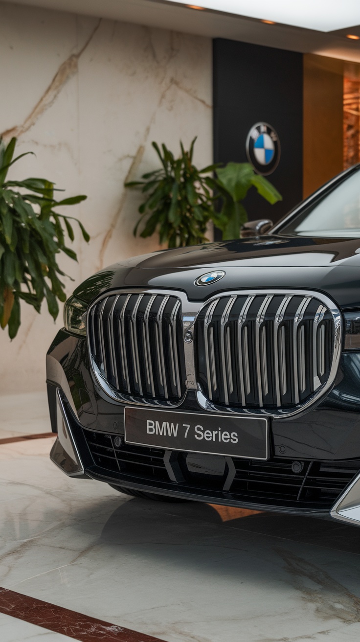Close-up of the BMW 7 Series front grille with the BMW logo