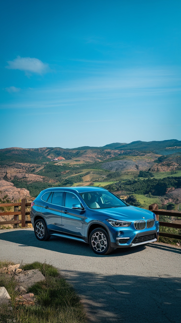 BMW X1 parked on a scenic road with mountains in the background