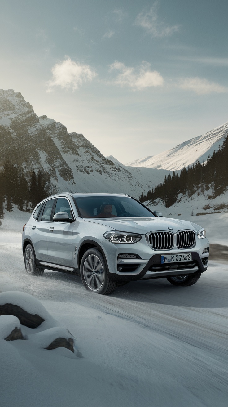 BMW X3 driving through snowy mountains