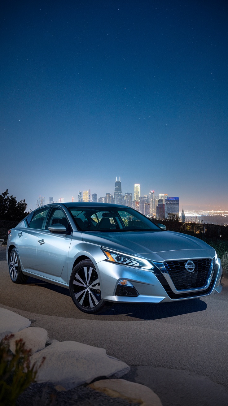 A Nissan Altima parked at night with a city skyline in the background.