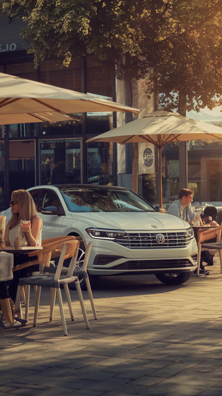 A Volkswagen Jetta parked near outdoor seating at a café.