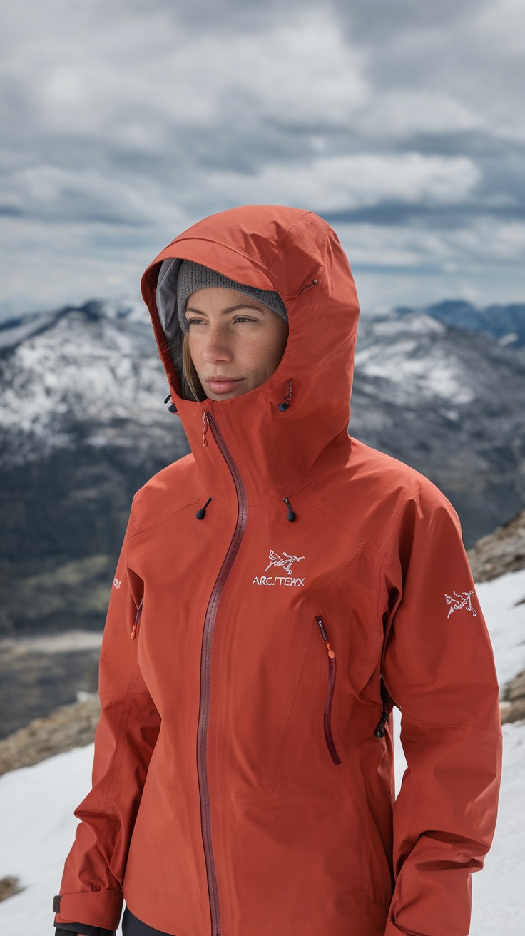 A woman wearing an Arc'Teryx Women's Beta AR Jacket in a mountainous landscape.
