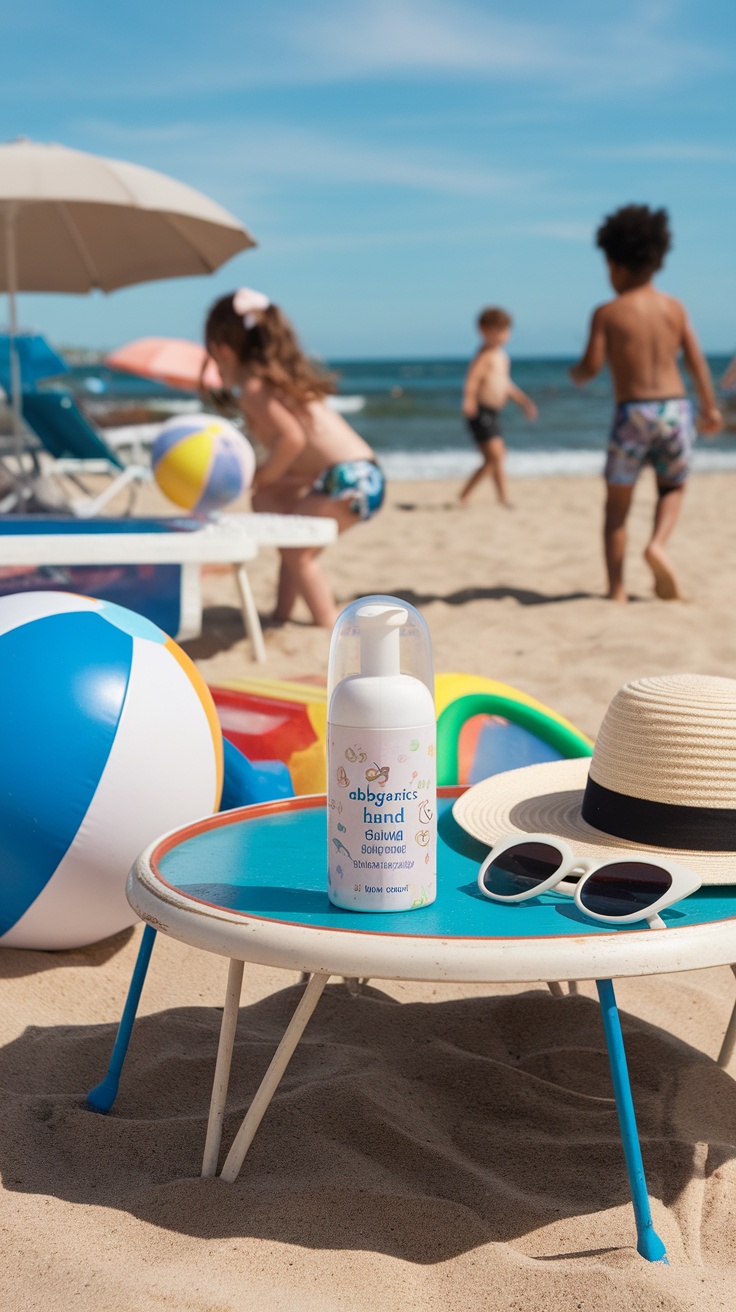 Bottle of Babyganics Foaming Hand Sanitizer on a beach table with kids playing in the background.