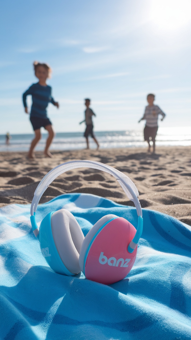 Banz earmuffs in pink and blue resting on a beach towel with children playing in the background.
