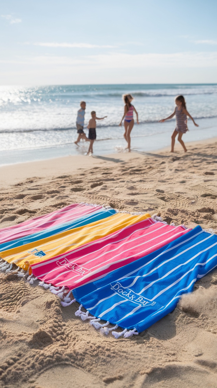Colorful Dock & Bay beach towels on the sand with kids playing in the background.