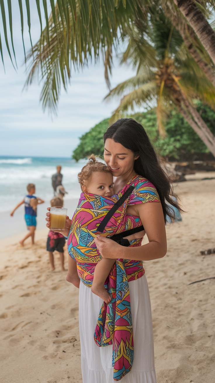 A mother holding her child in a colorful Boba wrap at the beach
