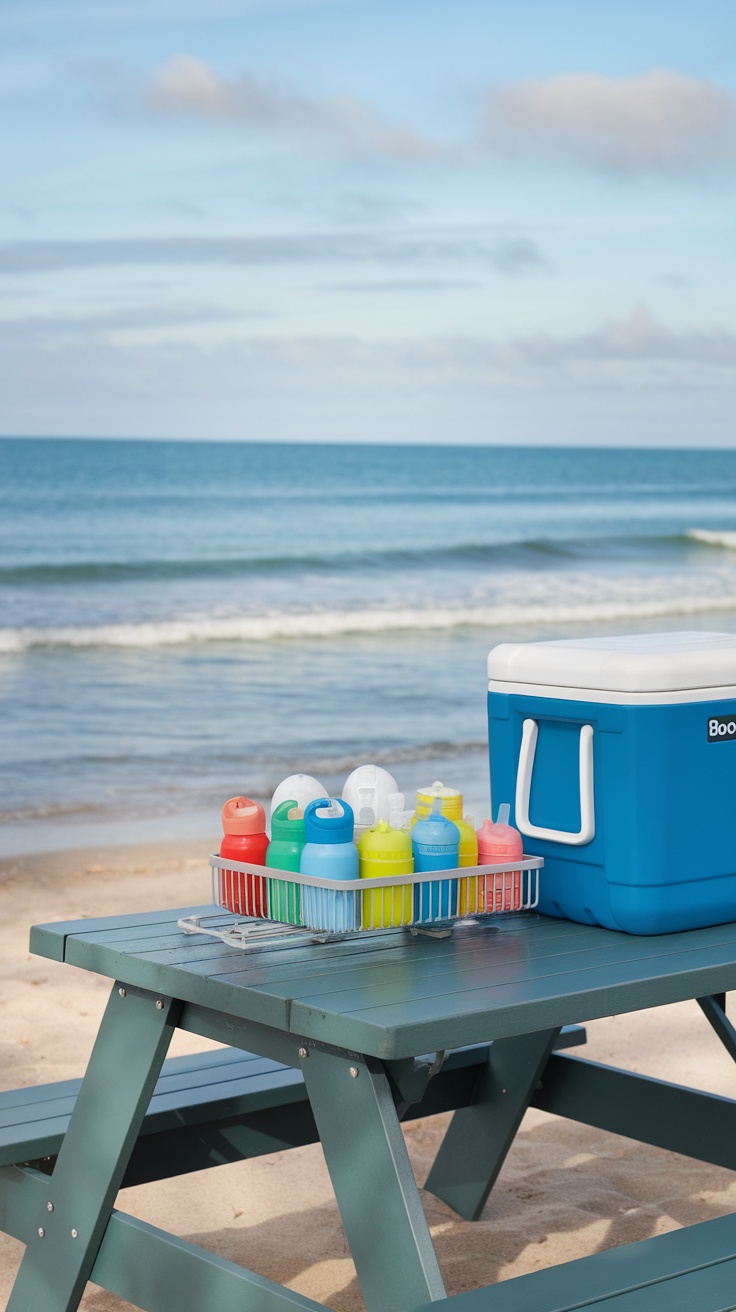 Boon Grass Countertop Drying Rack with colorful water bottles on a picnic table at the beach