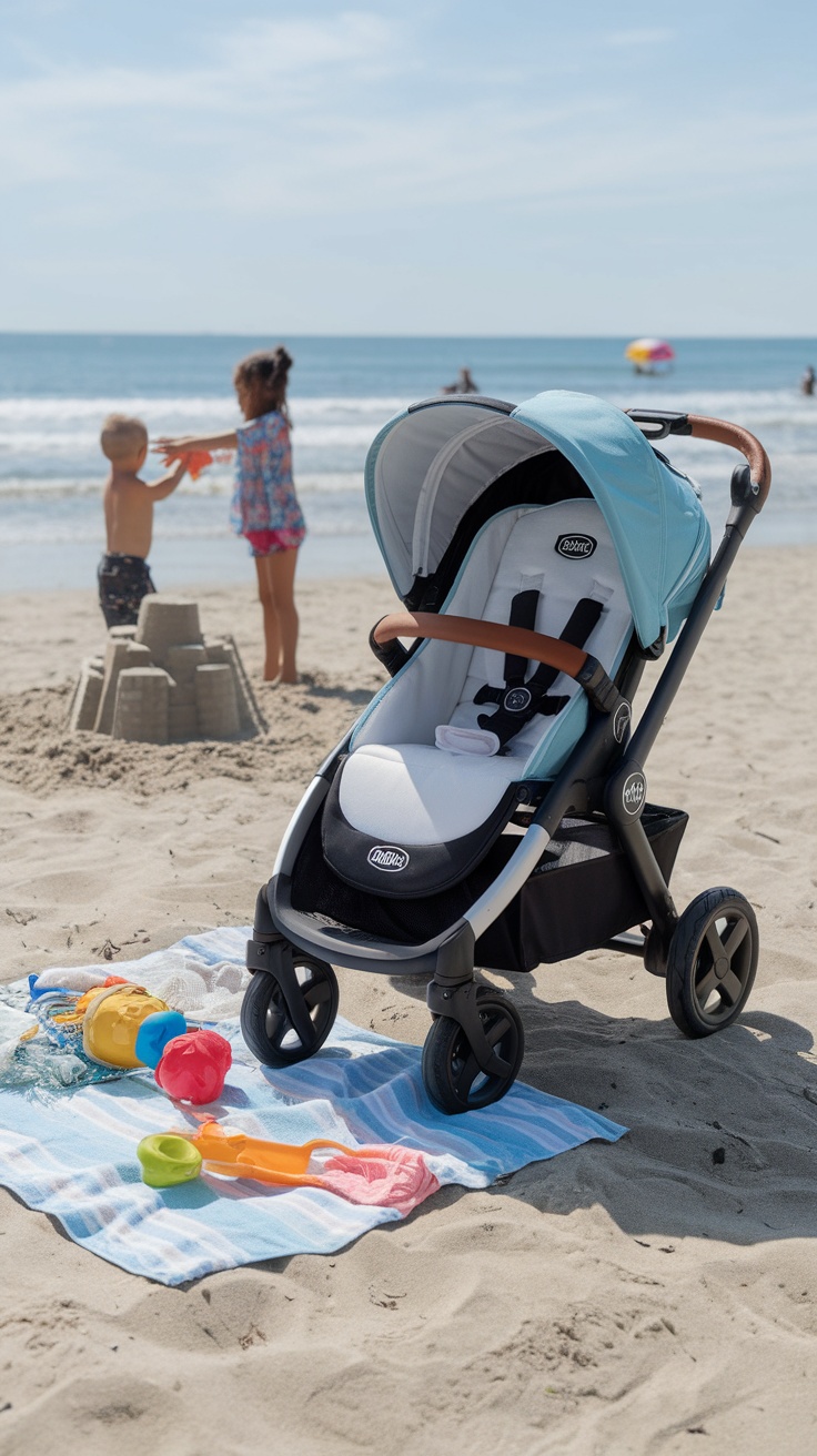 Chicco Bravo Quick-Fold Travel System stroller on the beach with kids playing in the background.