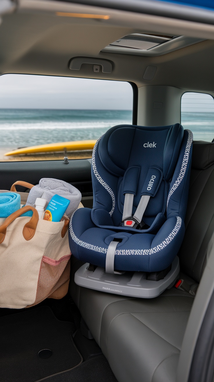 Clek Oobr Booster Seat in a car with beach items nearby.