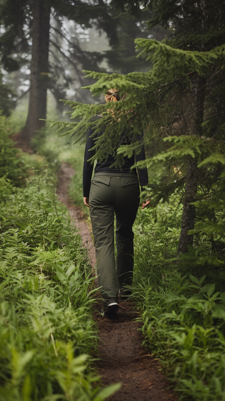 A woman walking on a forest trail wearing Fjällräven Women's Keb Trousers.