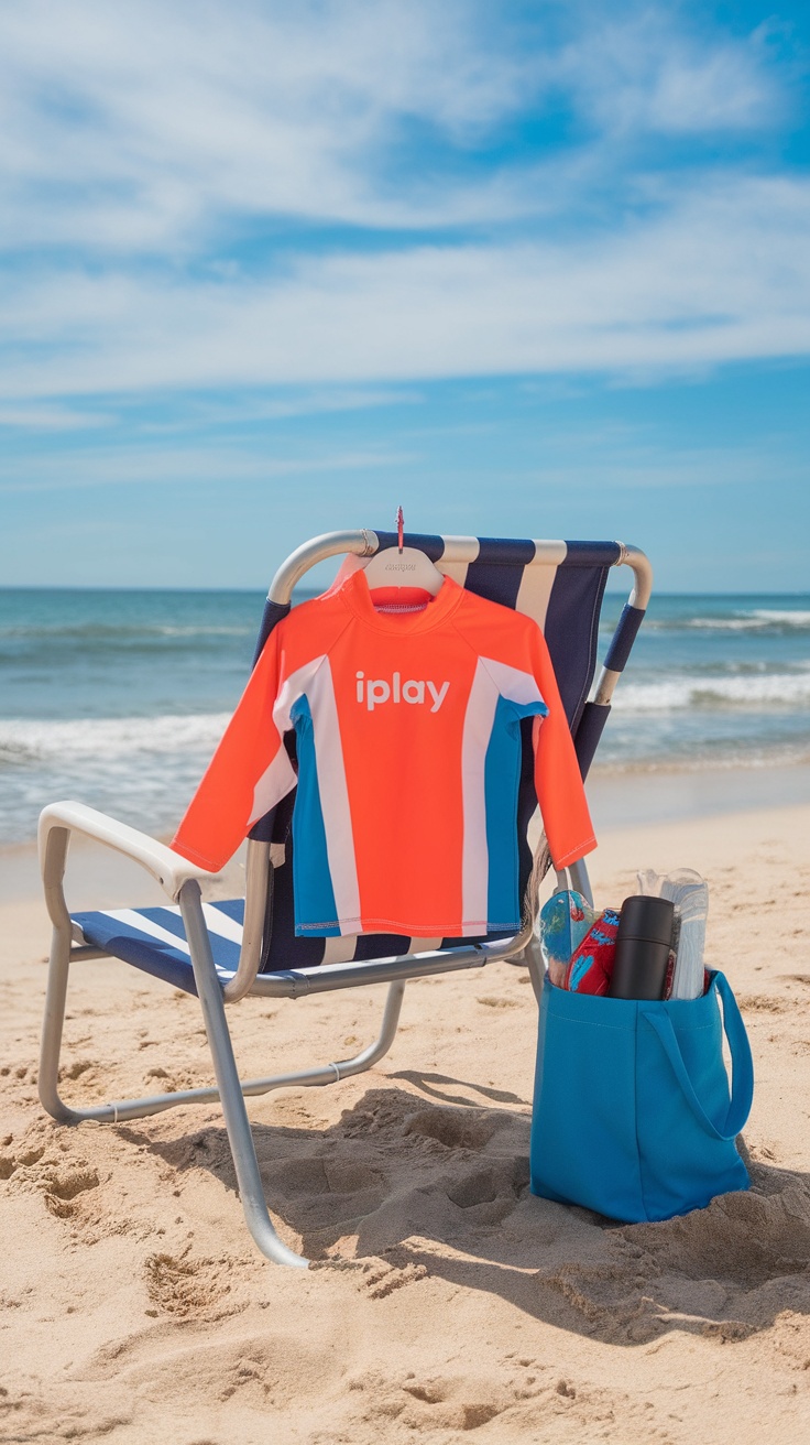 Iplay sun protection swim shirt hanging on a beach chair with the ocean in the background.