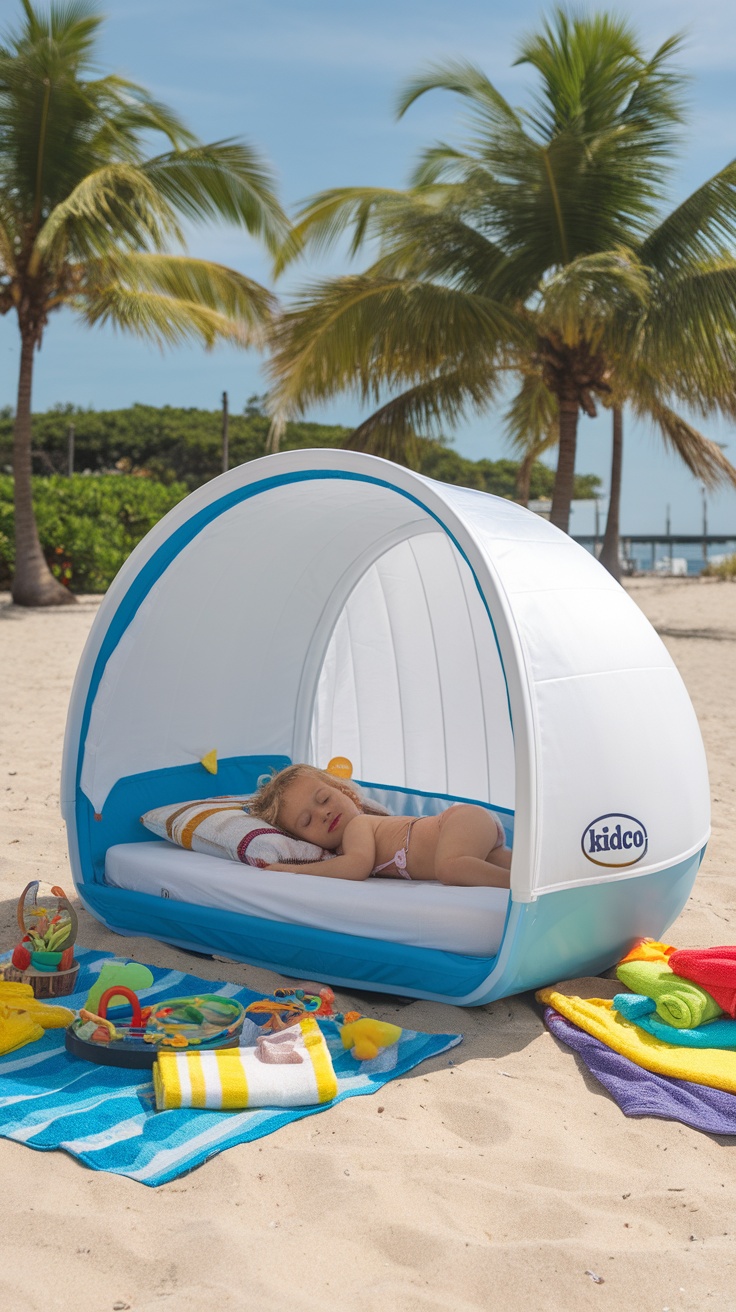A child peacefully sleeping in a Kidco Peapod Travel Bed on the beach.