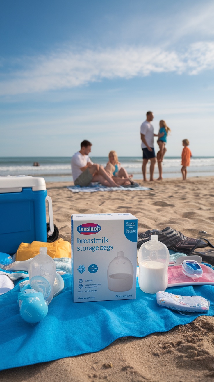 Lansinoh breastmilk storage bags on the beach with family.