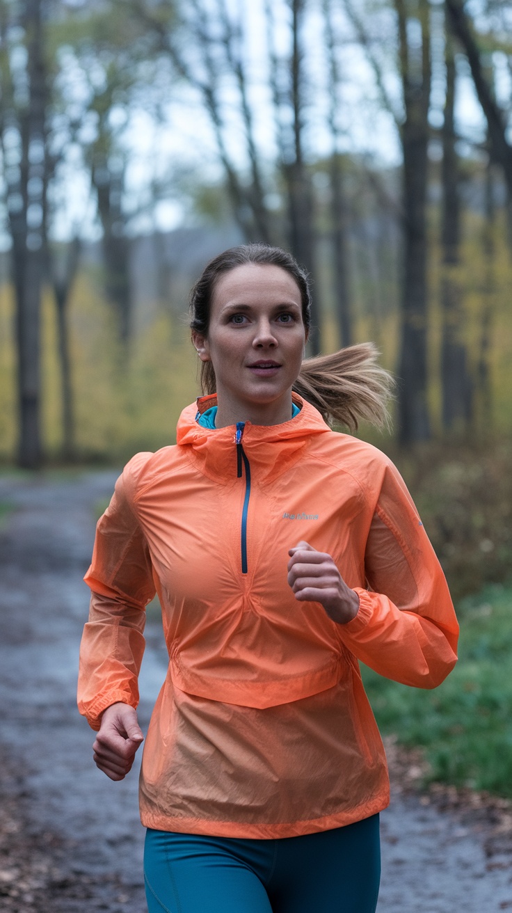 A woman running outdoors in a bright orange Montbell Tachyon Anorak
