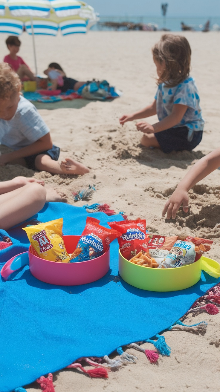 Two colorful Munchkin Snack Catchers filled with snacks on a beach blanket