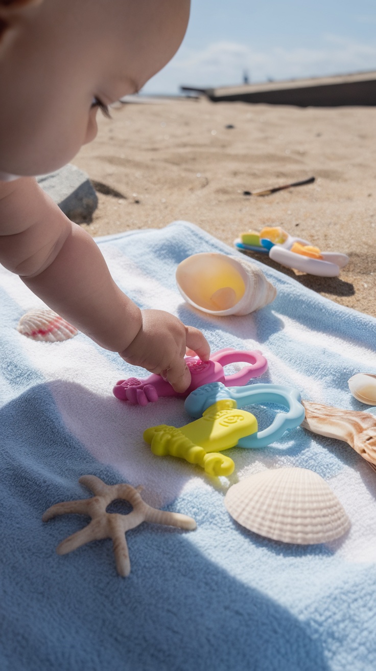 A baby reaching for colorful teether keys on a beach towel