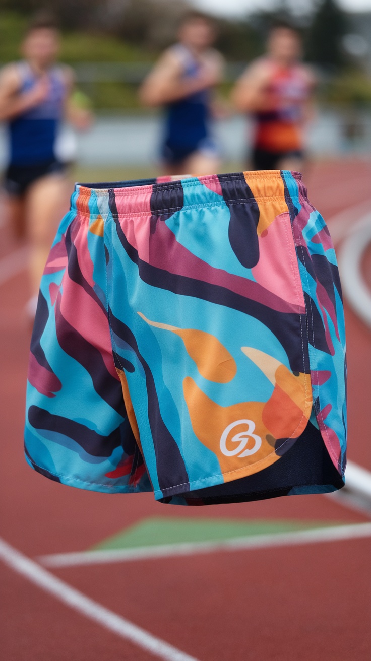 Colorful Oiselle Flyout Running Shorts displayed on a running track.