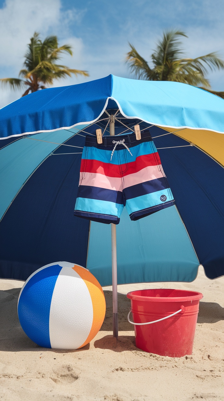 Colorful swim trunks hanging under a beach umbrella with a beach ball and bucket on the sand.