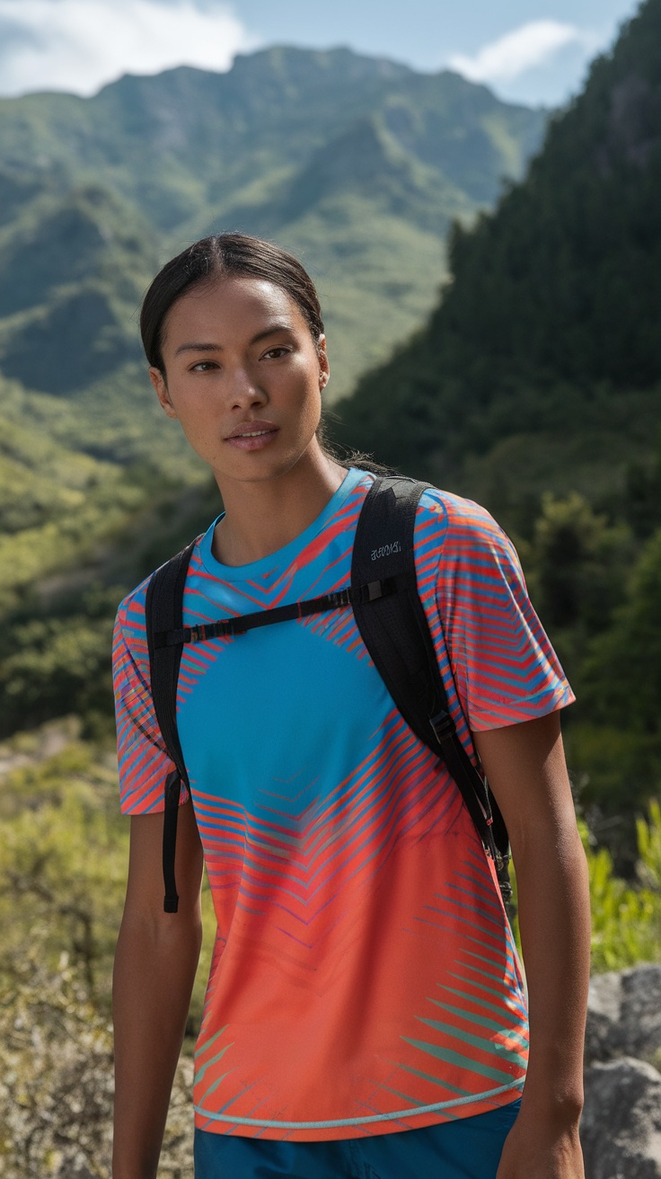 A woman wearing a Patagonia Capilene Cool Daily Shirt against a mountain backdrop.