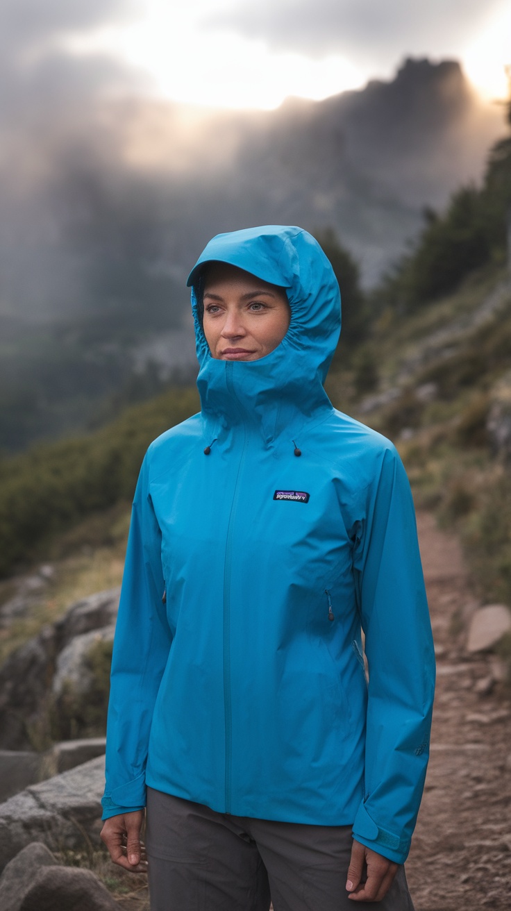 A woman wearing a blue Patagonia jacket outdoors with a scenic background.