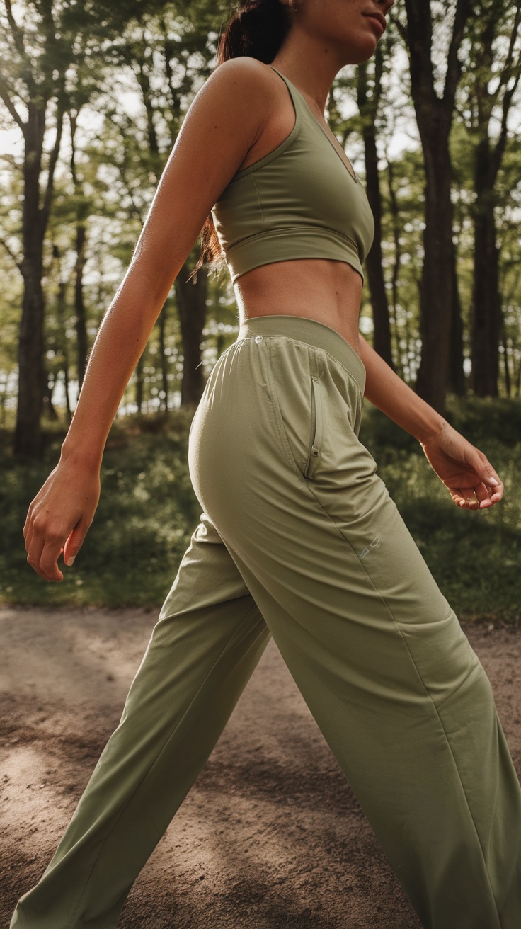 A woman wearing Prana Women's Halle Pant while walking in a forest.