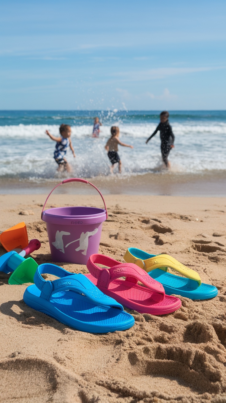 Colorful Reef Kids Ahi Sandals on the beach with children playing in the background