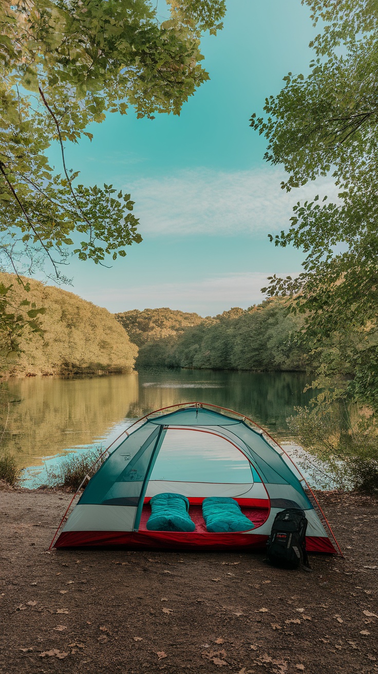 A Rei Co-Op Trail 2 Tent set up by a serene lake, surrounded by trees.