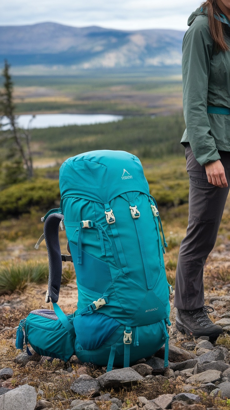 A teal backpack placed on rocky terrain with a woman in outdoor attire standing beside it.