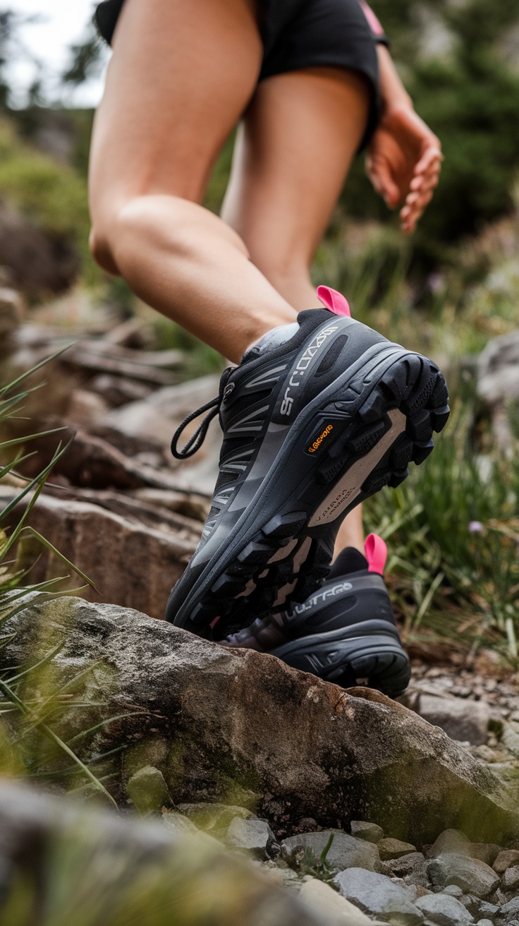 Close-up of a woman's foot wearing Salomon X Ultra 3 Gtx hiking shoes while climbing rocky terrain.
