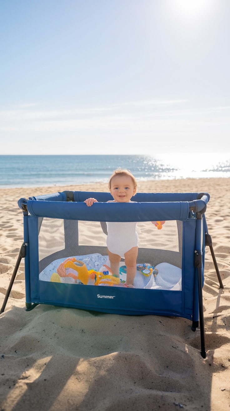 A baby standing in a portable playard on the beach with the ocean in the background.