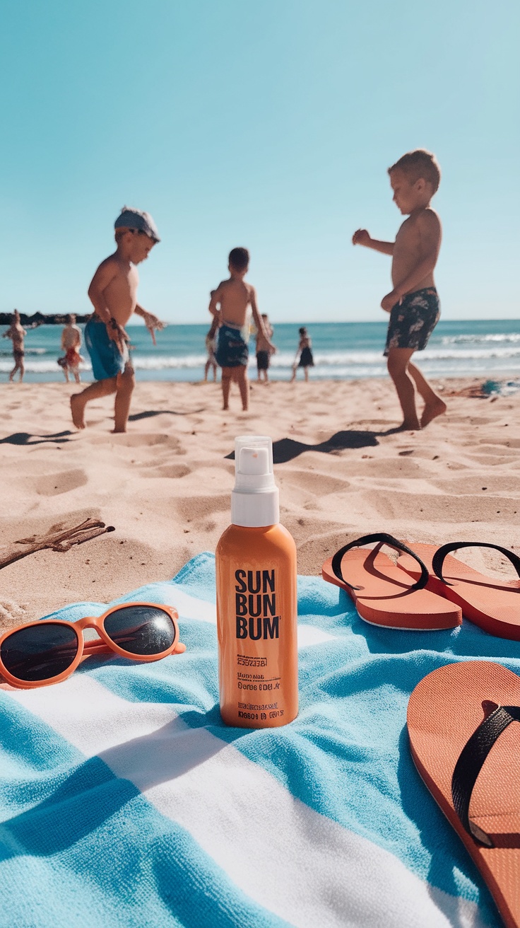 Sun Bum sunscreen spray on a beach towel with kids playing in the background.