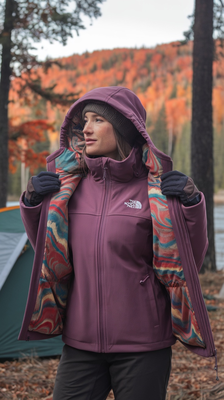 A woman wearing The North Face Women's Reversible Mossbud Swirl Insulated Jacket in a forest setting.