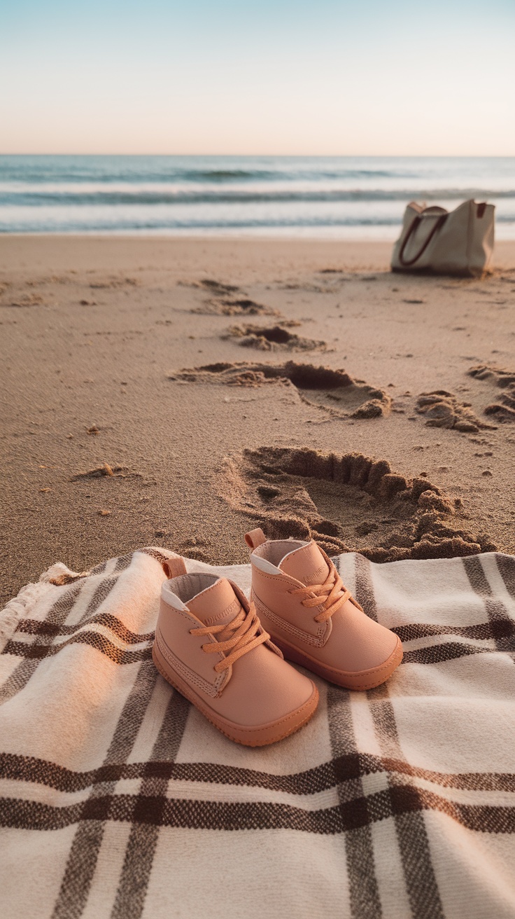 A pair of Zutano baby booties on a blanket at the beach