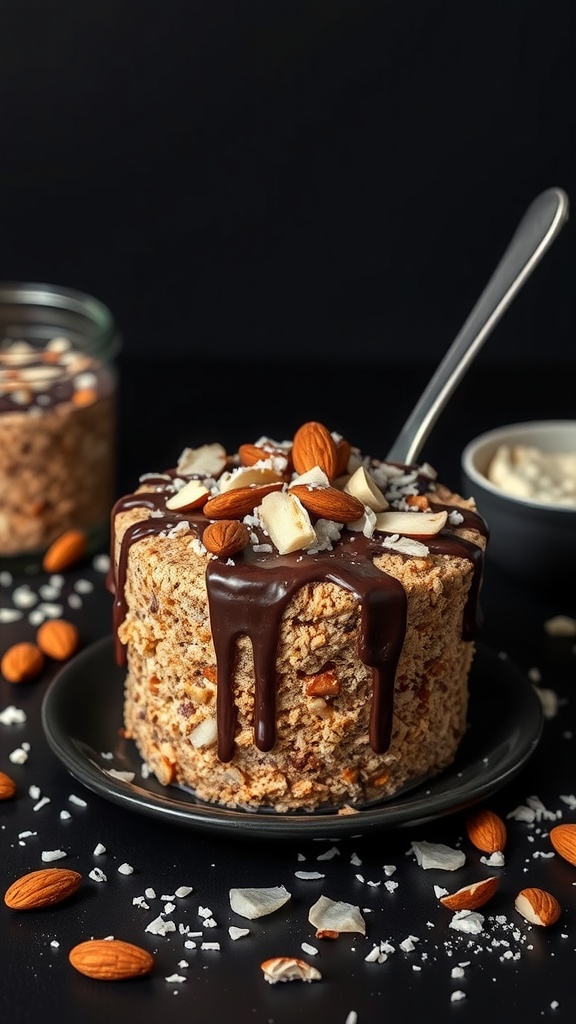 A bowl of almond joy overnight weetabix topped with chocolate, shredded coconut, and almonds